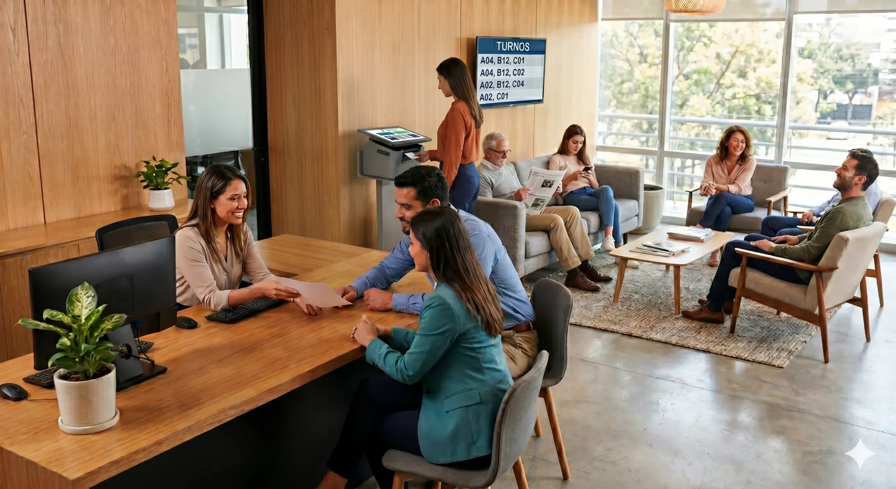 Negocio con INTELITURNOS instalado — sistema de turnos funcionando con clientes y equipo de atención